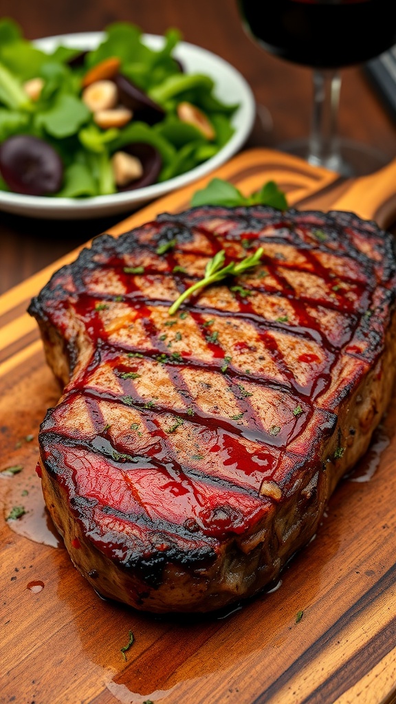 Juicy ribeye steak garnished with herbs on a wooden cutting board with a side salad and wine.